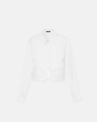 Bluse i bomulds-poplin med blondekant