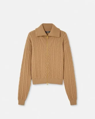 Broderet uldstrikket sweater med lynlås