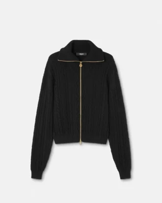 Broderet uldstrikket sweater med lynlås