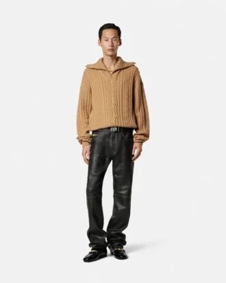 Broderet uldstrikket sweater med lynlås